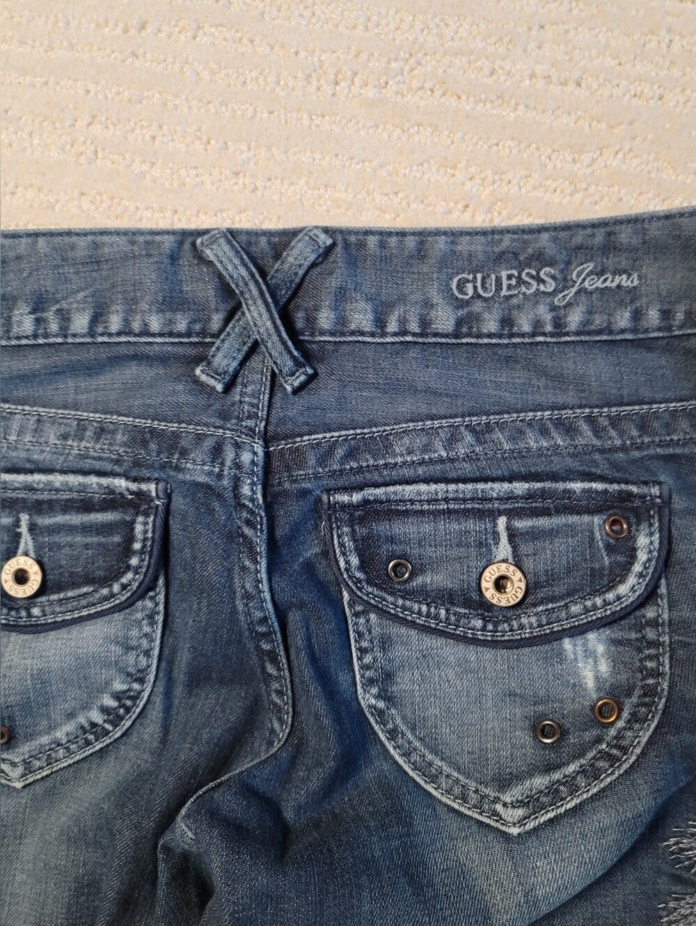 GUESS Distressed Blue Denim Jeans with Back Pocket Flap